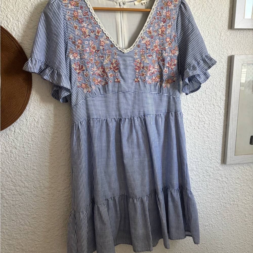 Andree Blue Striped Dress with Floral Embroidery